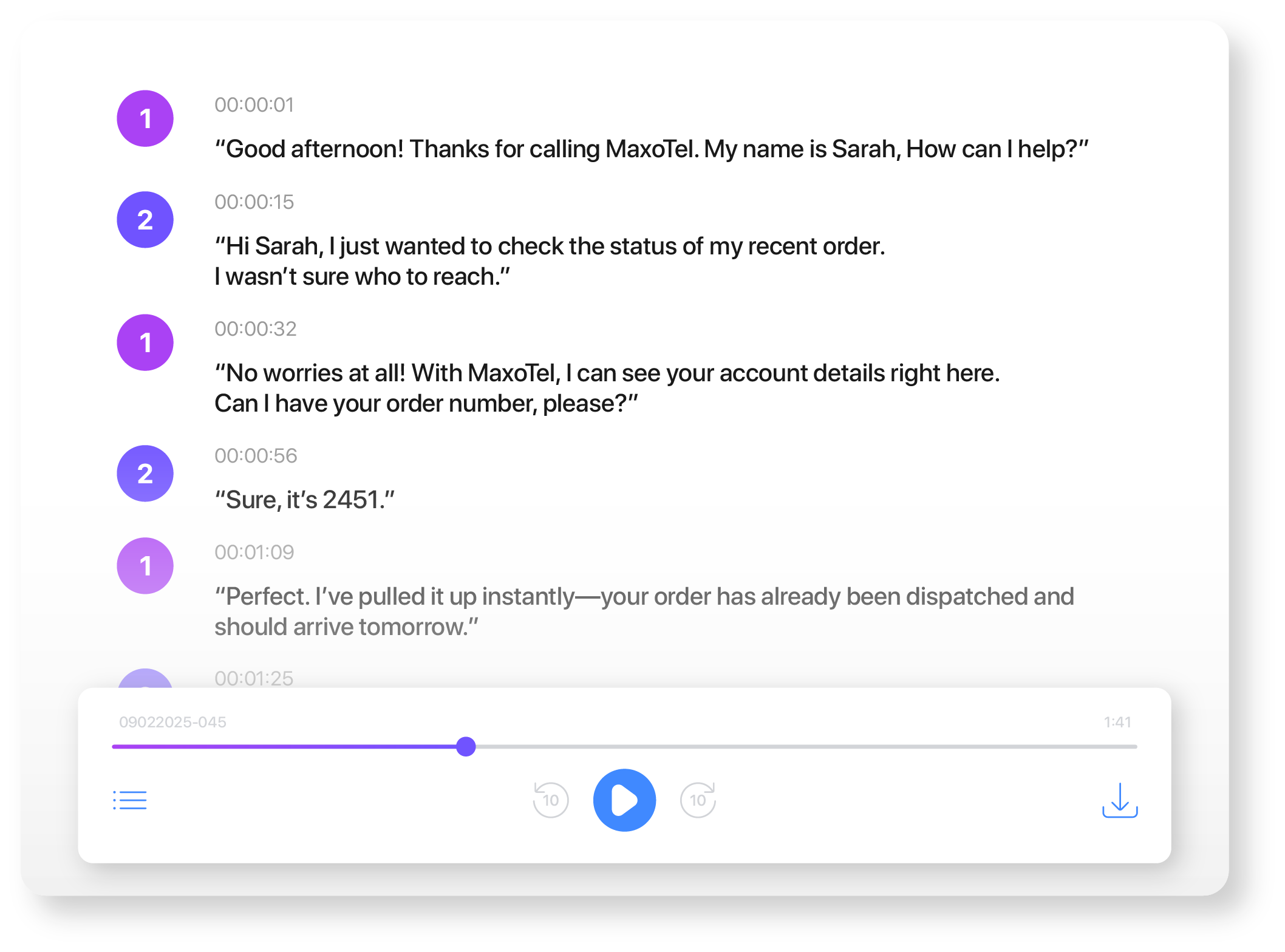 A recorded customer call in Tall Emu with the transcript, summary and follow-up actions beside it