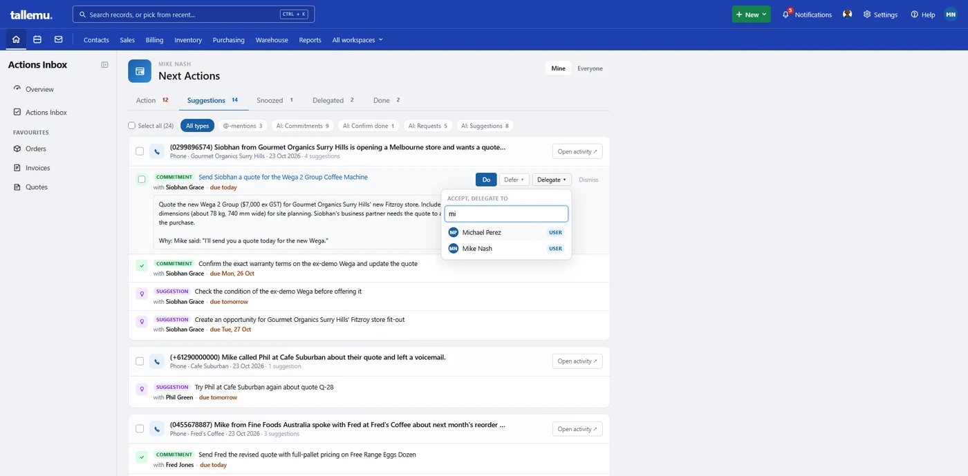 Suggested commitments linked to the original call, with due dates, explanations and delegation controls