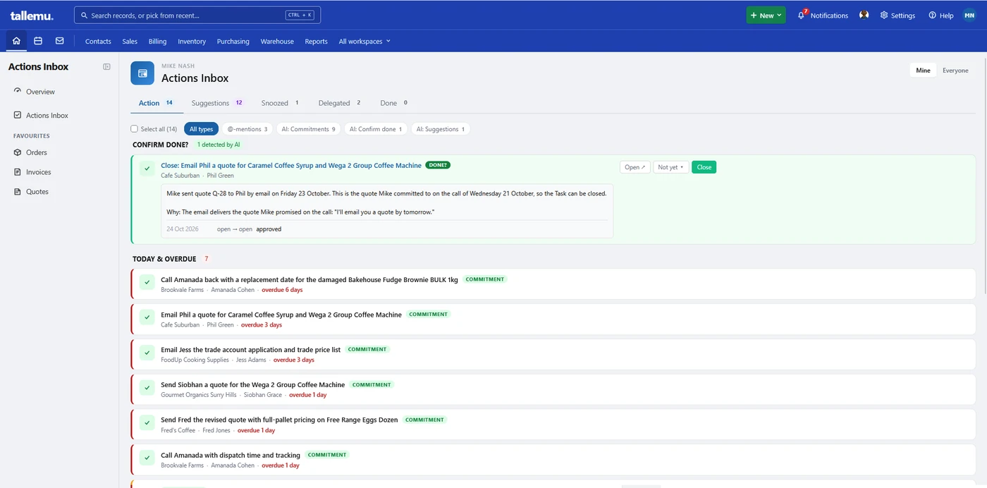 Actions Inbox identifies an emailed quote as evidence of a completed commitment and offers a Close action above overdue tasks
