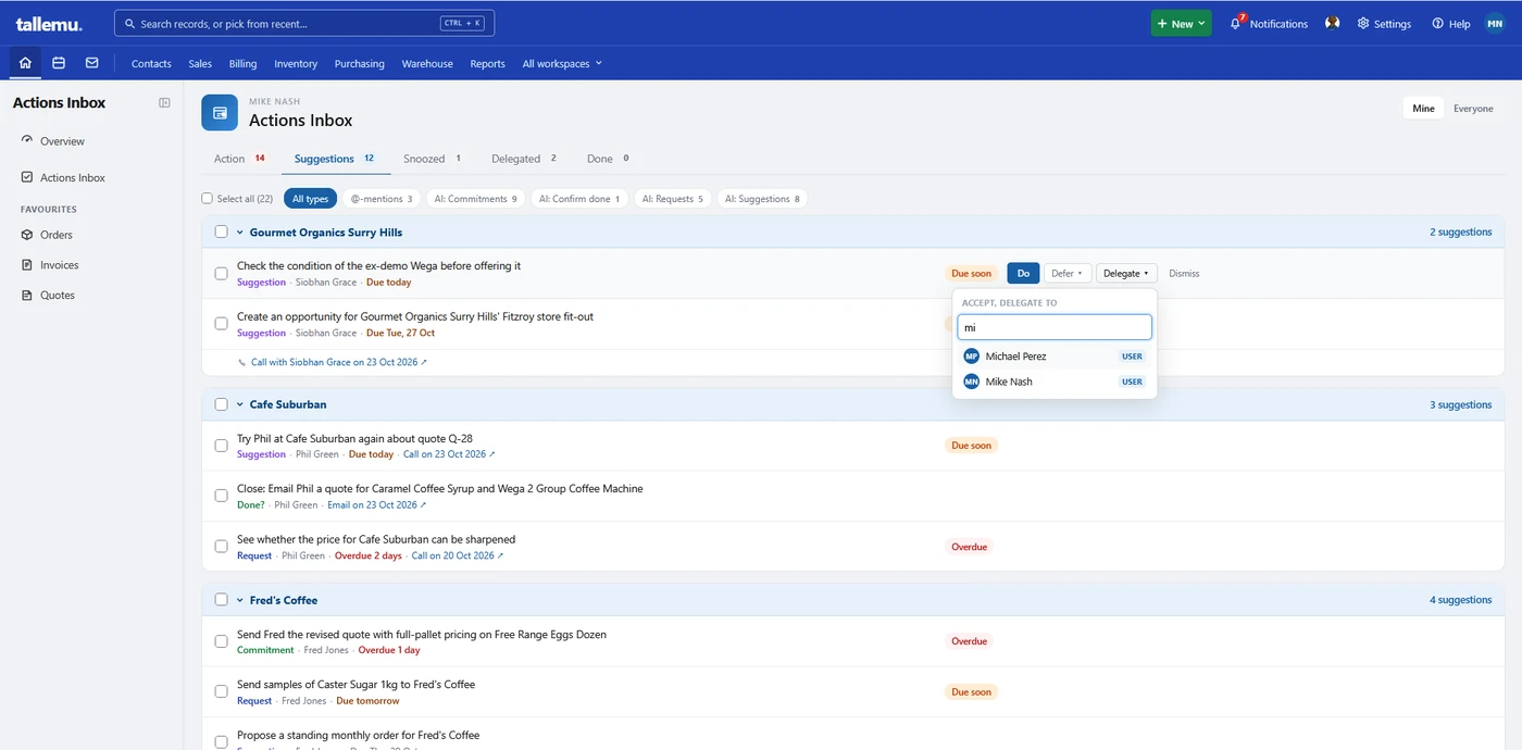 Actions Inbox suggestions grouped by customer, showing commitments, due dates and Delegate controls