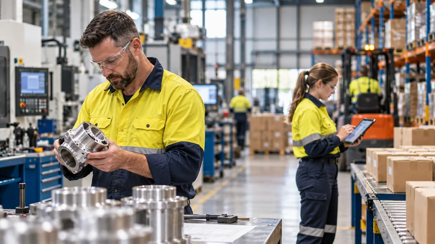 Manufacturing workers inspecting a metal component and using a tablet beside warehouse stock