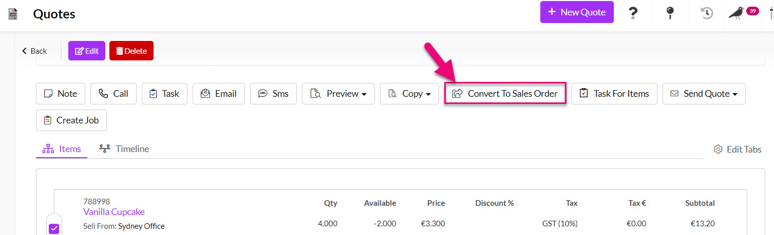 A quote in Tall Emu being converted into a sales order - customer, products and pricing carried through without re-entry