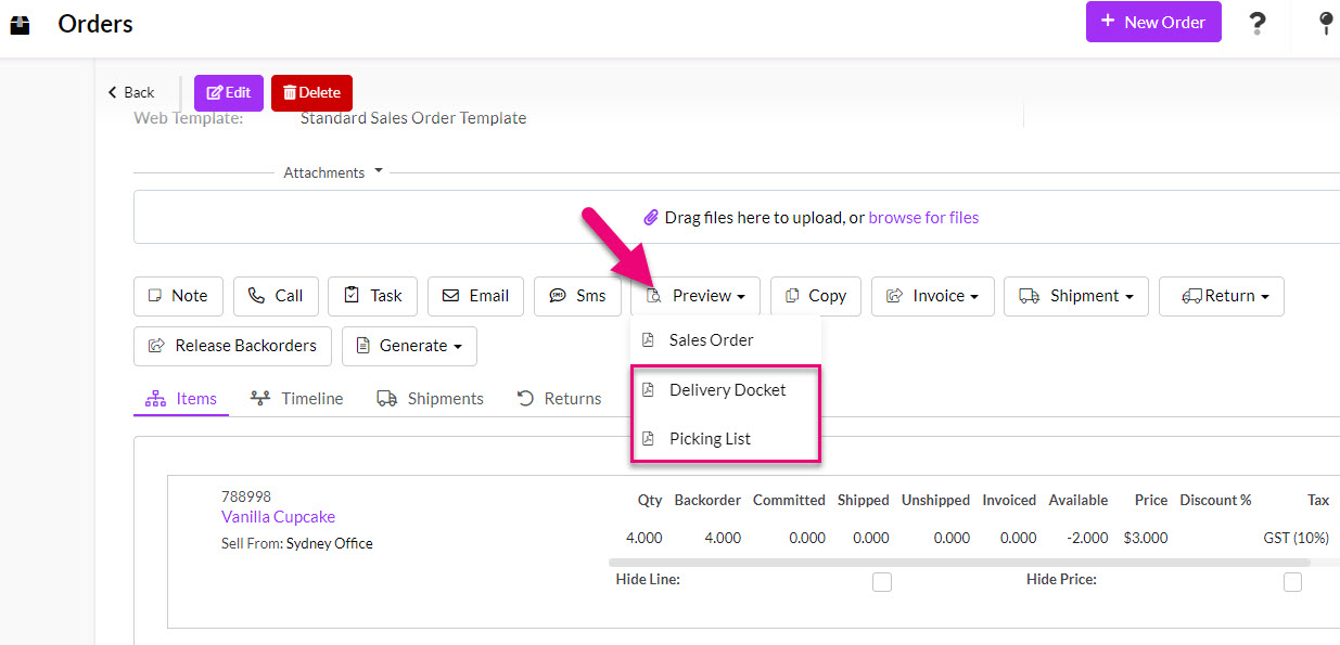 Tall Emu Sales Order with options to create a delivery docket or picking list