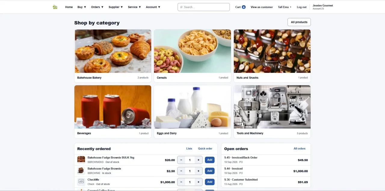 Tall Emu Customer Portal demo showing the product category homepage