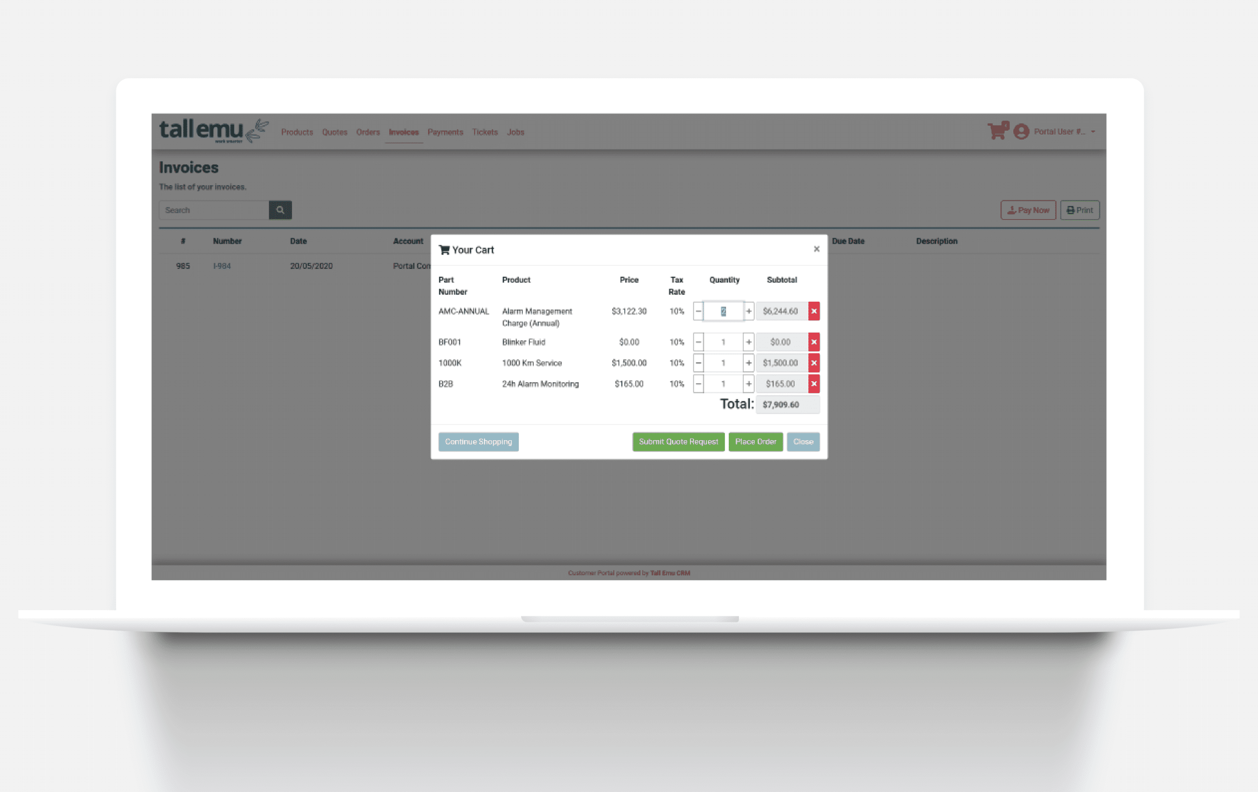 Tall Emu customer portal order cart with products, quantities and totals