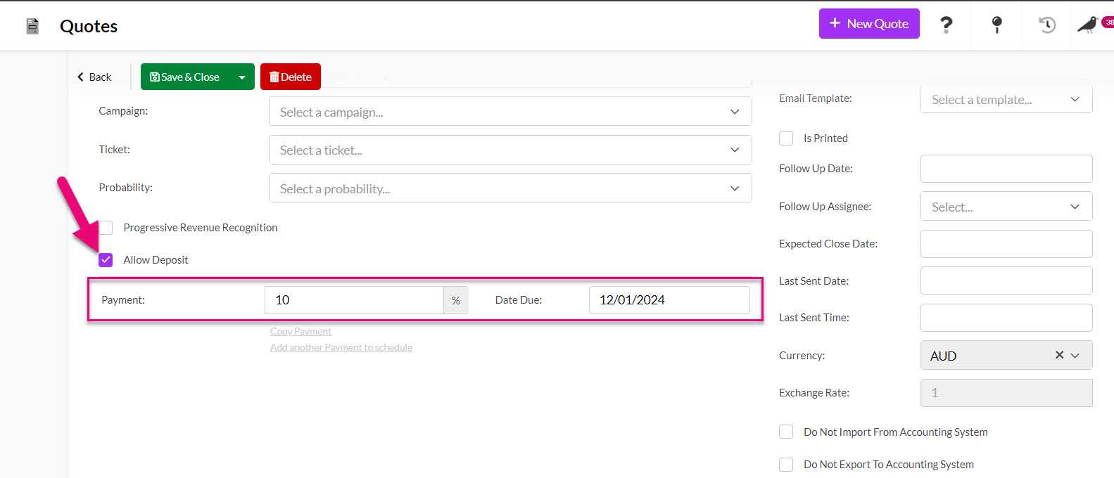 Tall Emu quote fields used to set a customer deposit amount or percentage