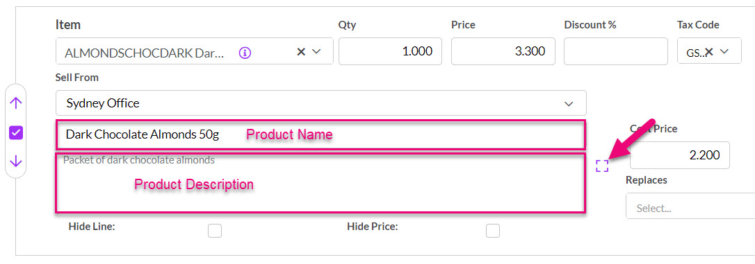 Tall Emu quote line editor showing sale price, quantity and internal cost information