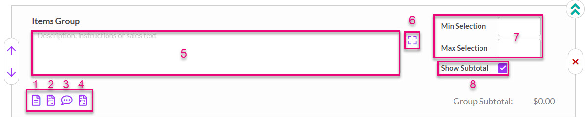 Tall Emu configurable quote item group showing numbered product choices