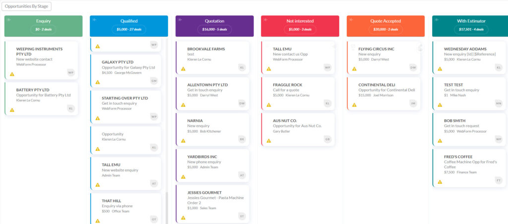 Tall Emu sales opportunities arranged by stage in Kanban view