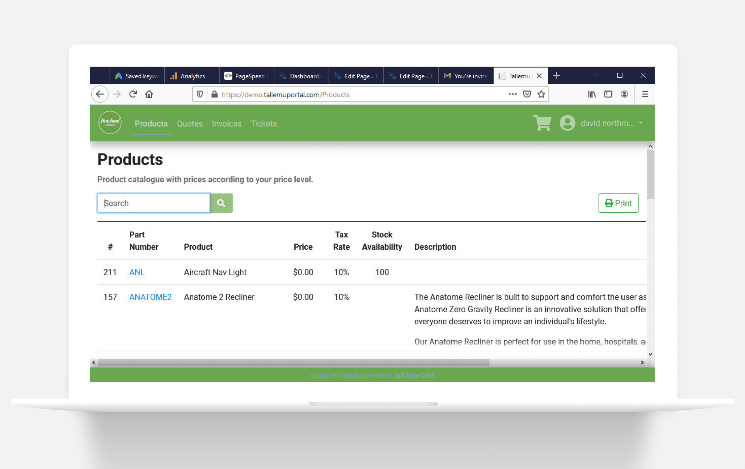 Tall Emu's customer portal carrying the seller's own branding, showing a customer's orders