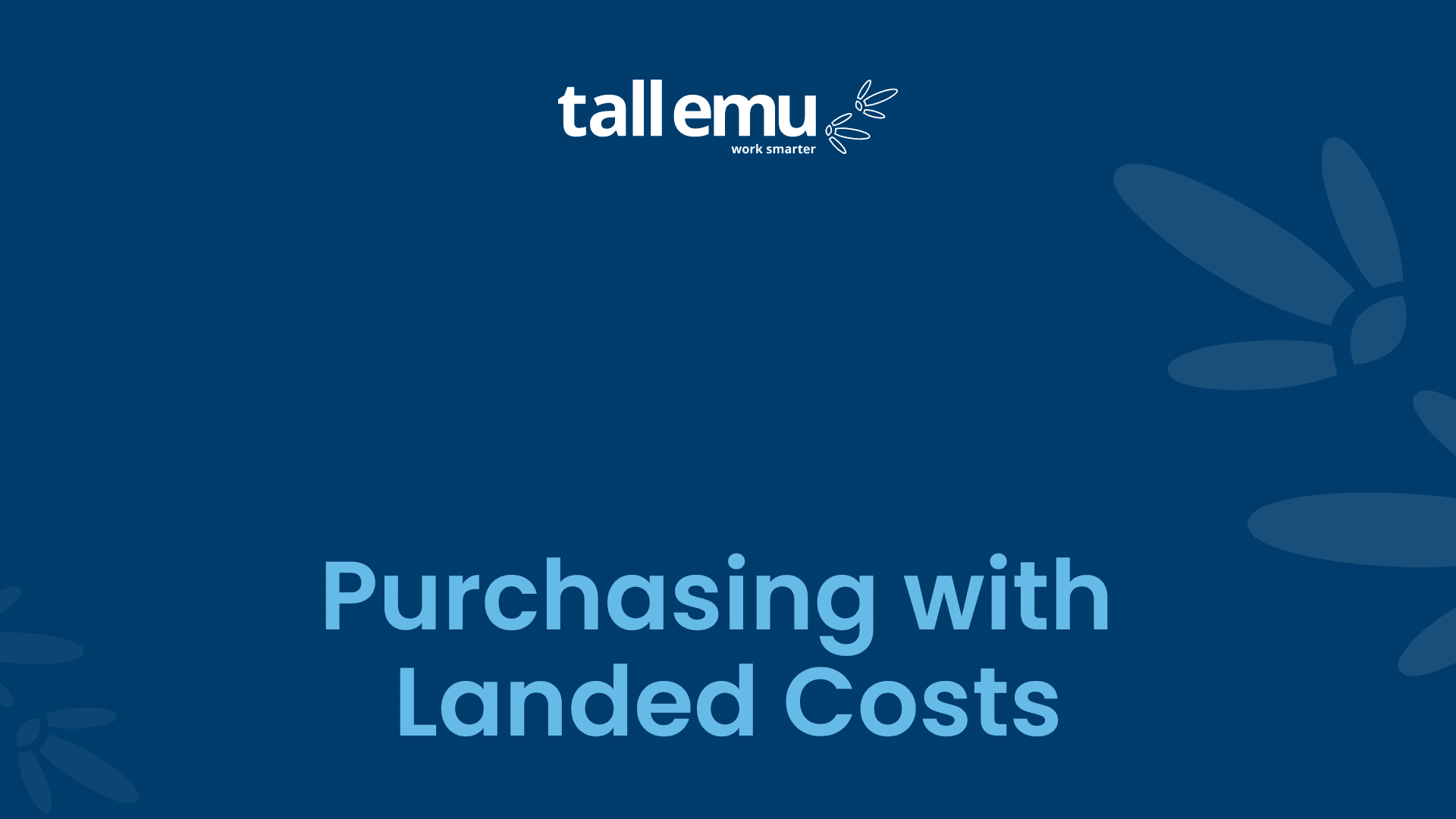 Tall Emu purchasing screen showing a purchase order with landed cost calculations