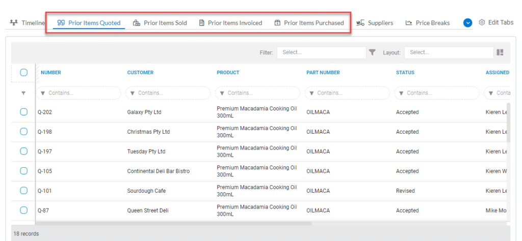 Prior sold purchased tabs