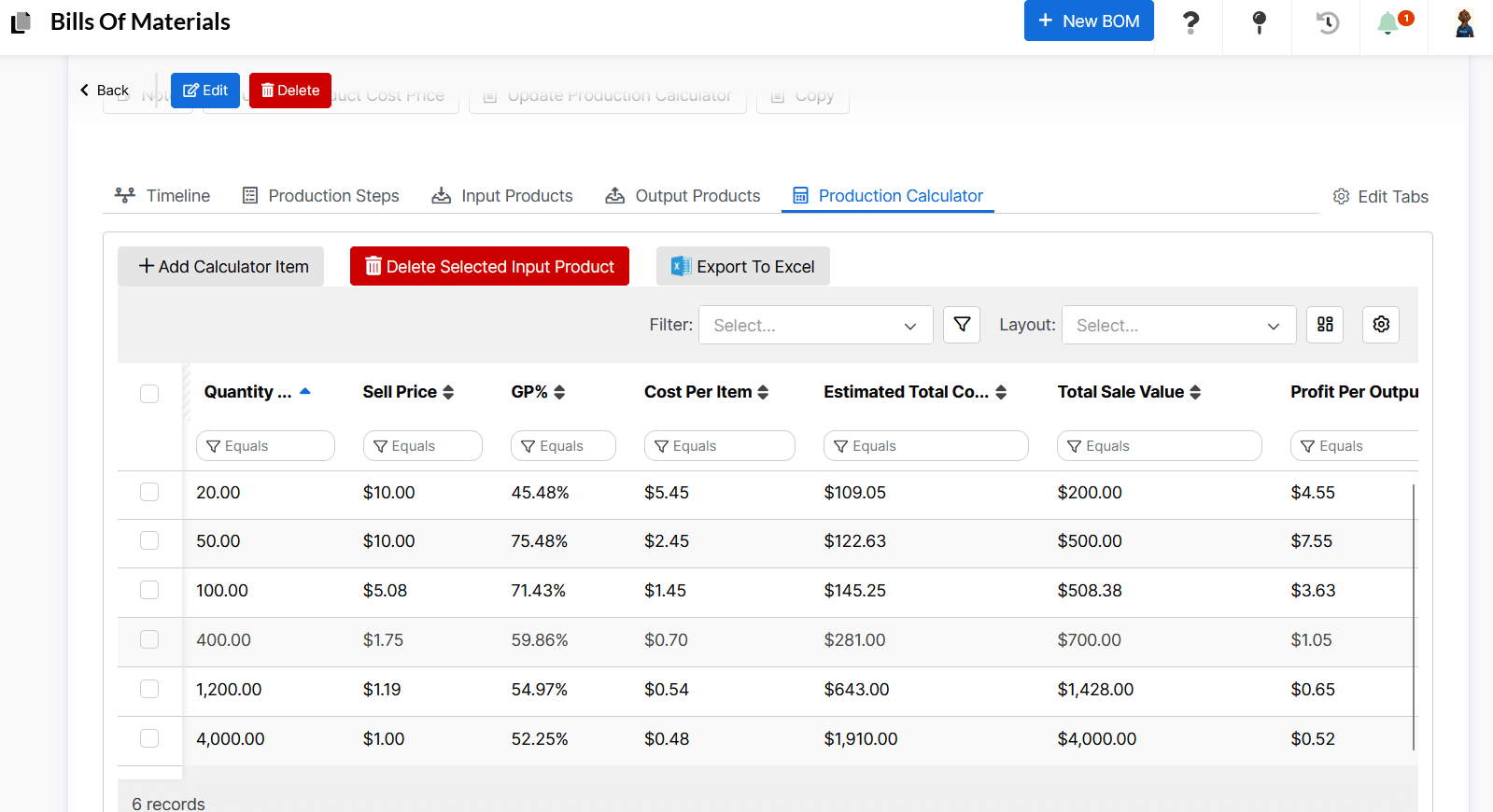 Production calculator