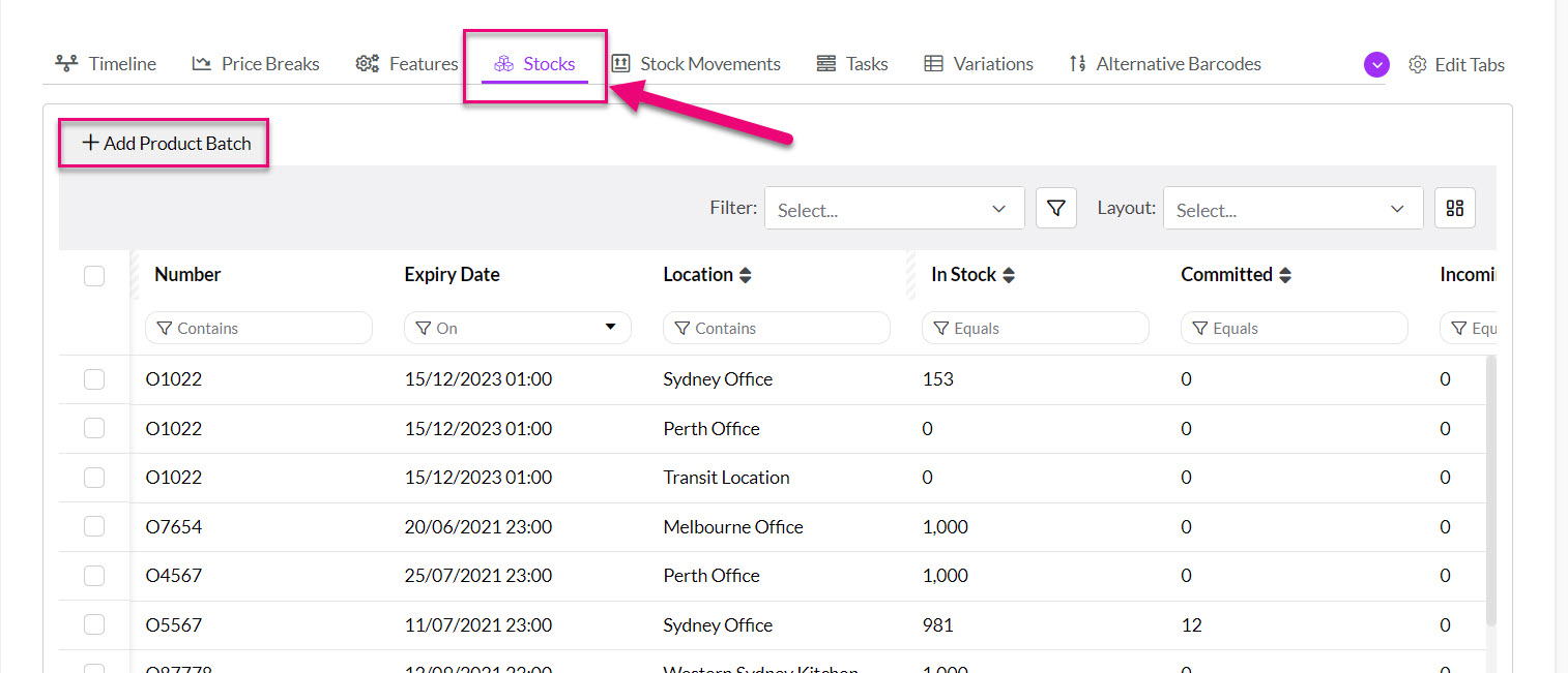 Batch, expiry and location stock records in Tall Emu