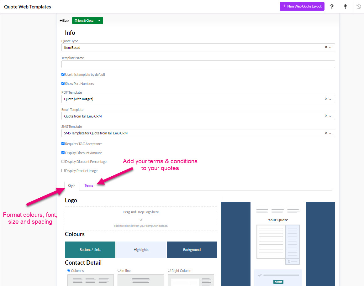 Tall Emu web quote template editor with branding and layout controls