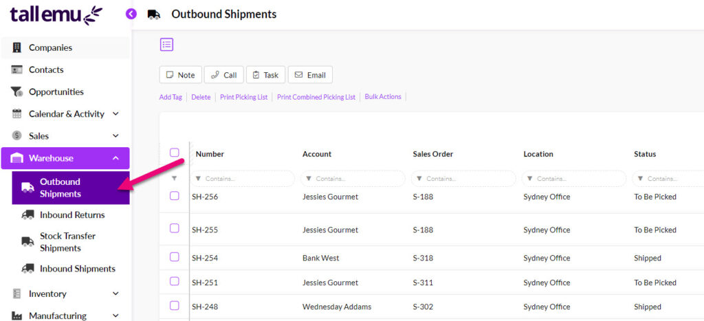 Tall Emu Outbound Shipments list with order and shipment status