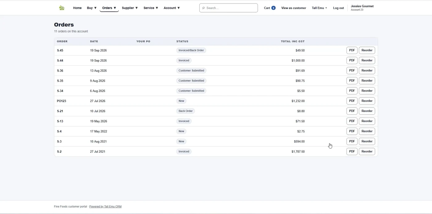 Customer order history showing dates, order statuses, totals, PDF downloads and Reorder buttons