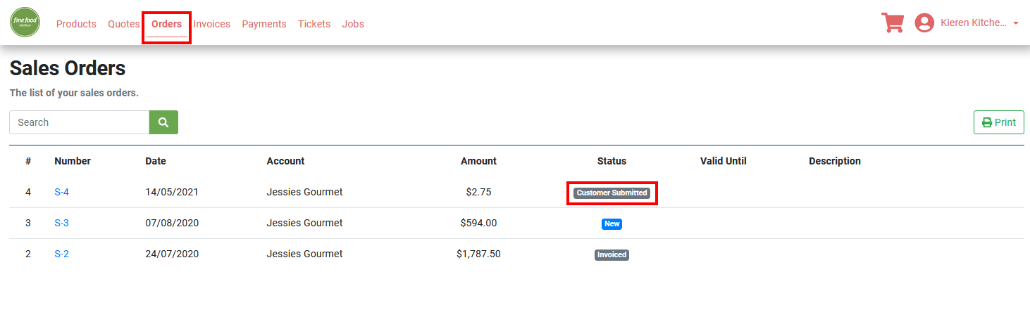 Customer Portal list of submitted sales orders