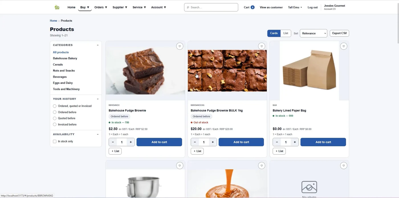 Product catalogue in card view showing categories, purchase history filters, stock indicators, prices and cart controls