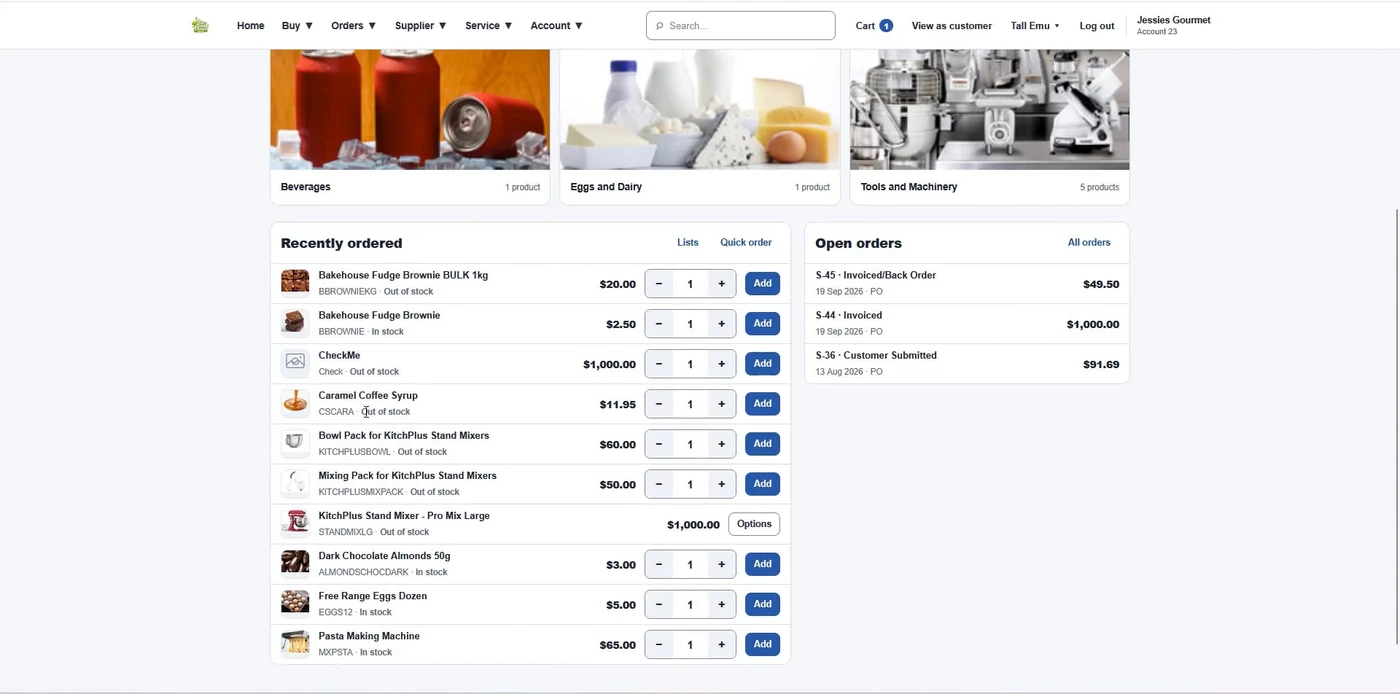 Recently ordered products with quantities and Add buttons beside a customer's open orders