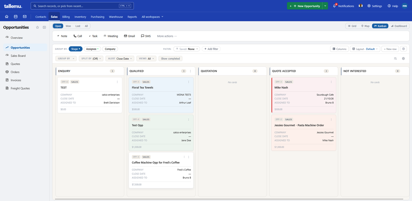 Tall Emu Opportunities Kanban with enquiries, qualified leads, quotations and accepted quotes