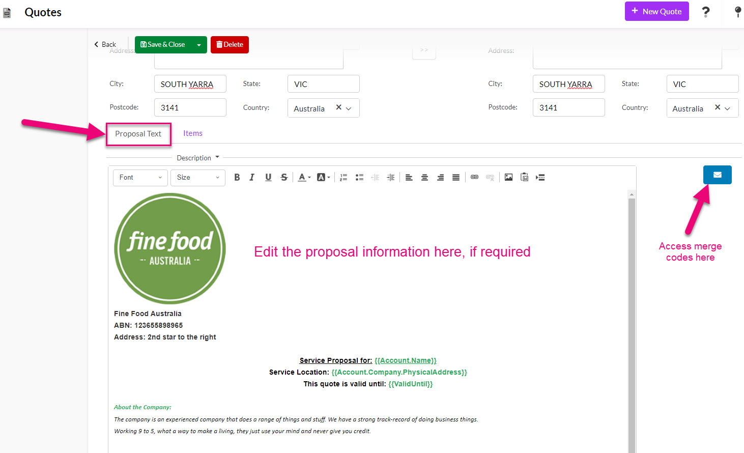Tall Emu proposal quote editor showing formatted proposal text within a structured quote