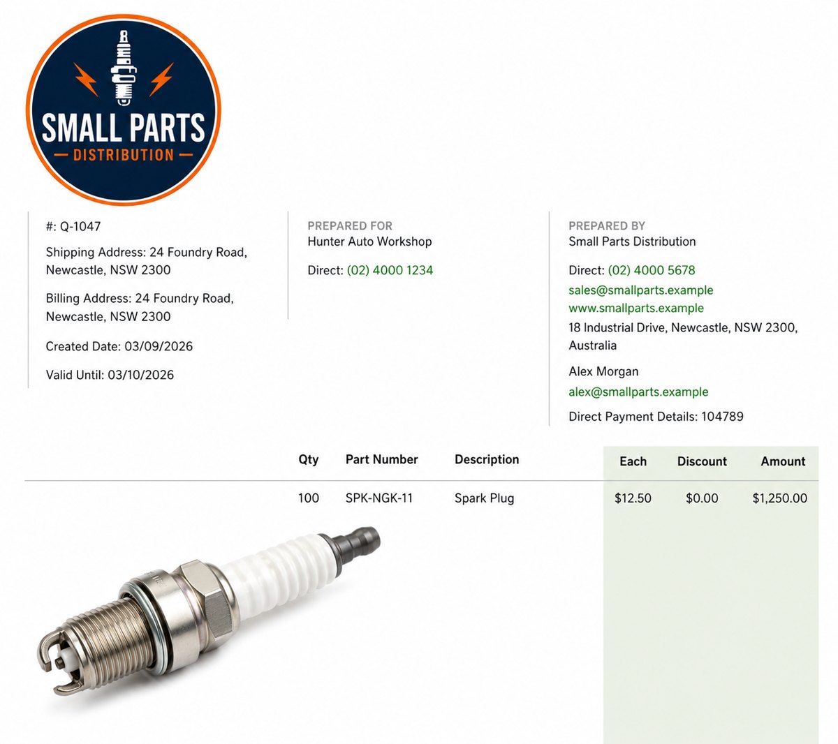 A branded Tall Emu quote for a wholesale customer showing part number, quantity, unit price and total