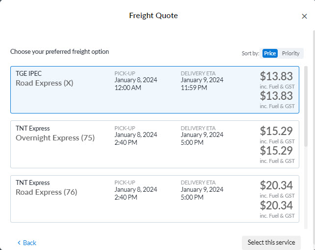 Tall Emu freight quote results showing available carrier services and prices