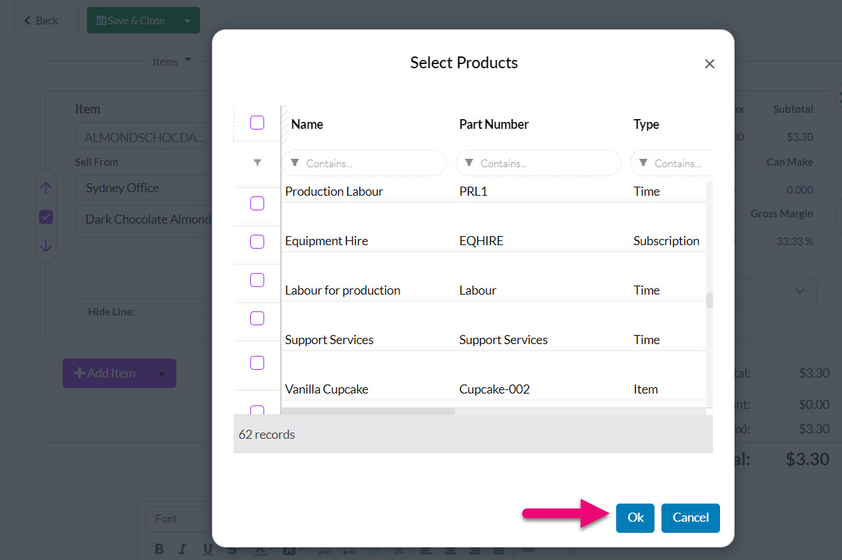 Tall Emu product selection window used to find and add the correct product variation