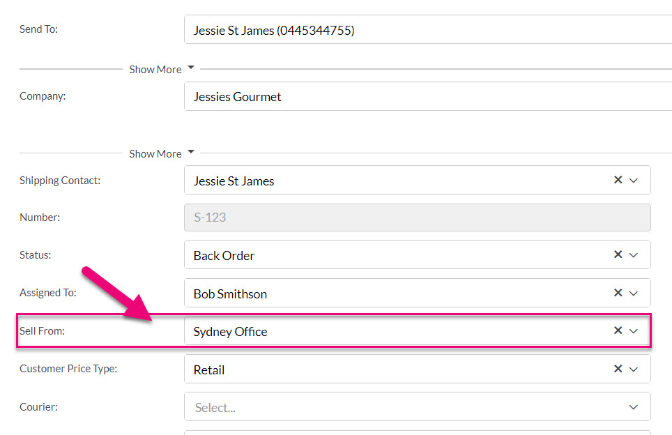 Sales Order showing customer, shipping contact and stock location