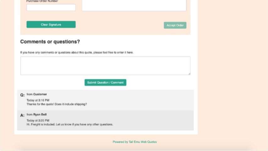 Tall Emu online quote acceptance screen with customer signature and comments
