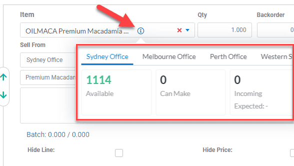 Stock availability by location shown while entering a Sales Order
