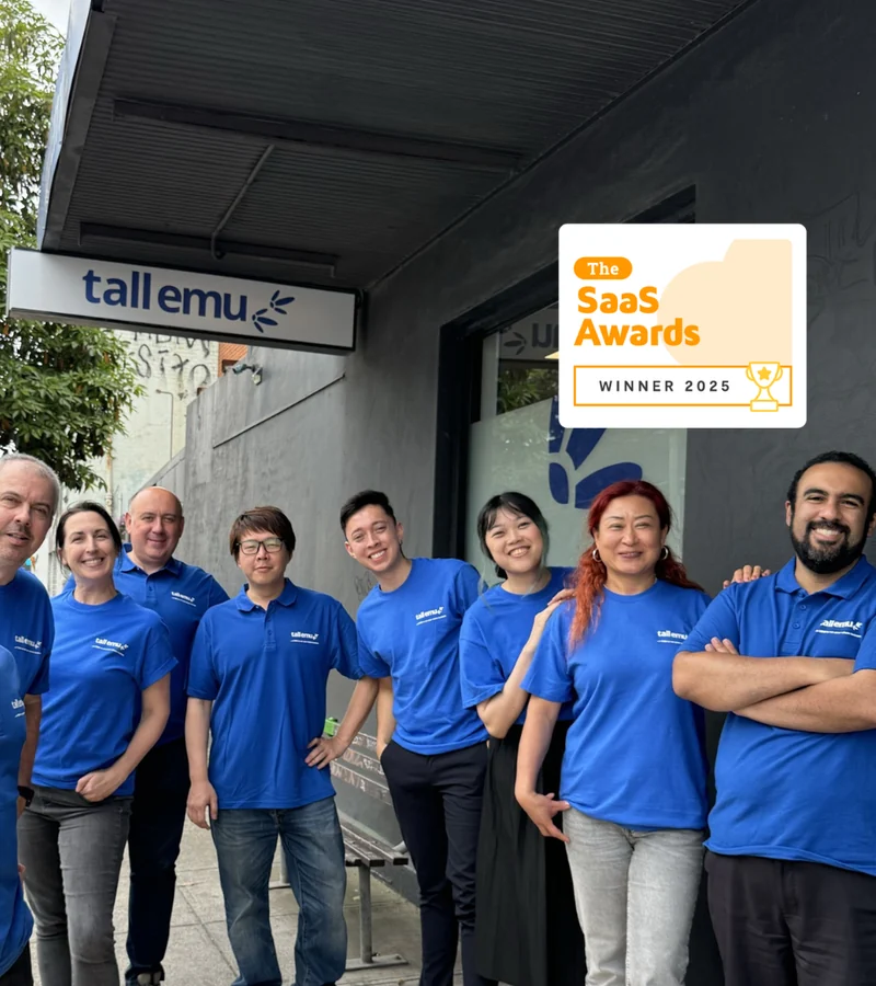 The Tall Emu team outside the office celebrating the 2025 SaaS Awards win
