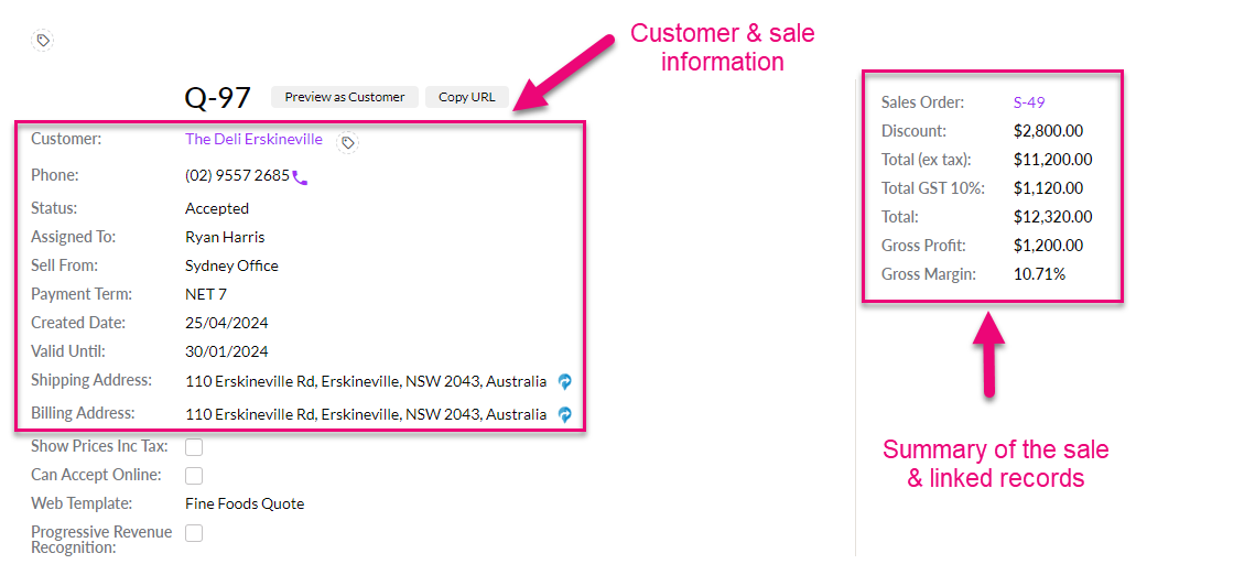 Tall Emu quote showing the customer, sale details, total and gross margin