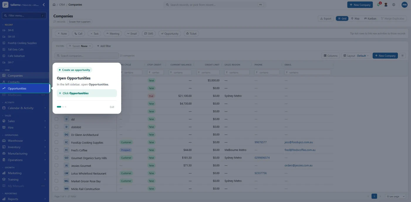 Tall Emu V3 Show Me interactive tour highlighting the Opportunities menu and explaining the next step