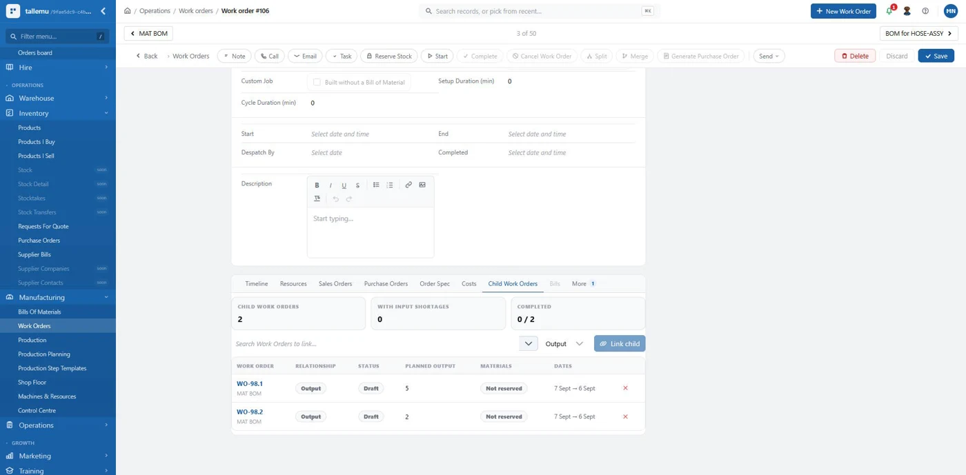 Tall Emu V3 Work Order showing child Work Orders, materials status and completion status