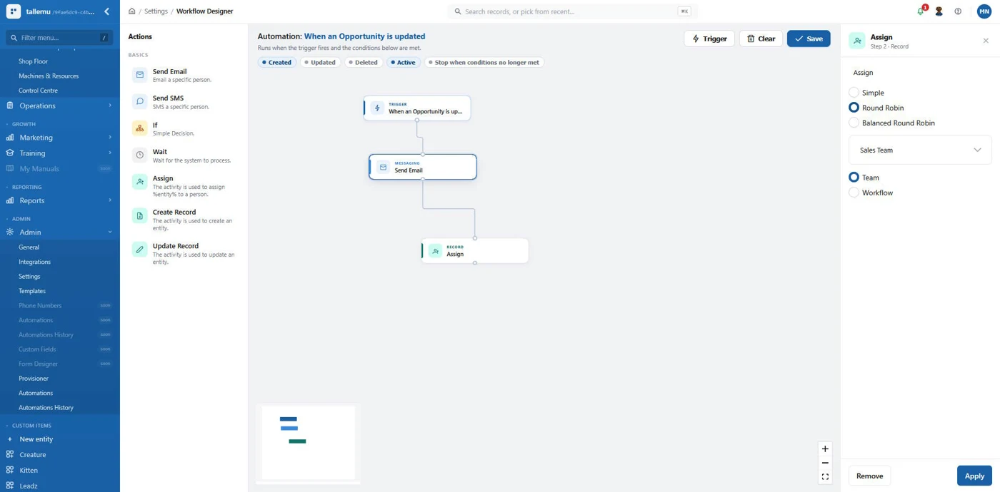 Tall Emu V3 Workflow Designer with trigger, send email and assign steps connected visually