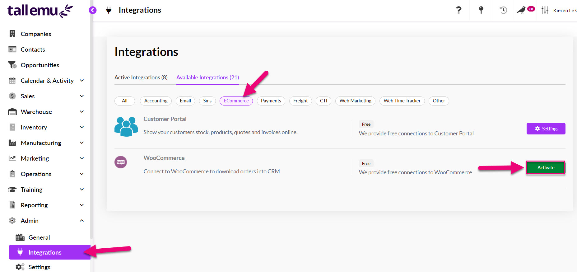 WooCommerce available as an ecommerce integration in Tall Emu